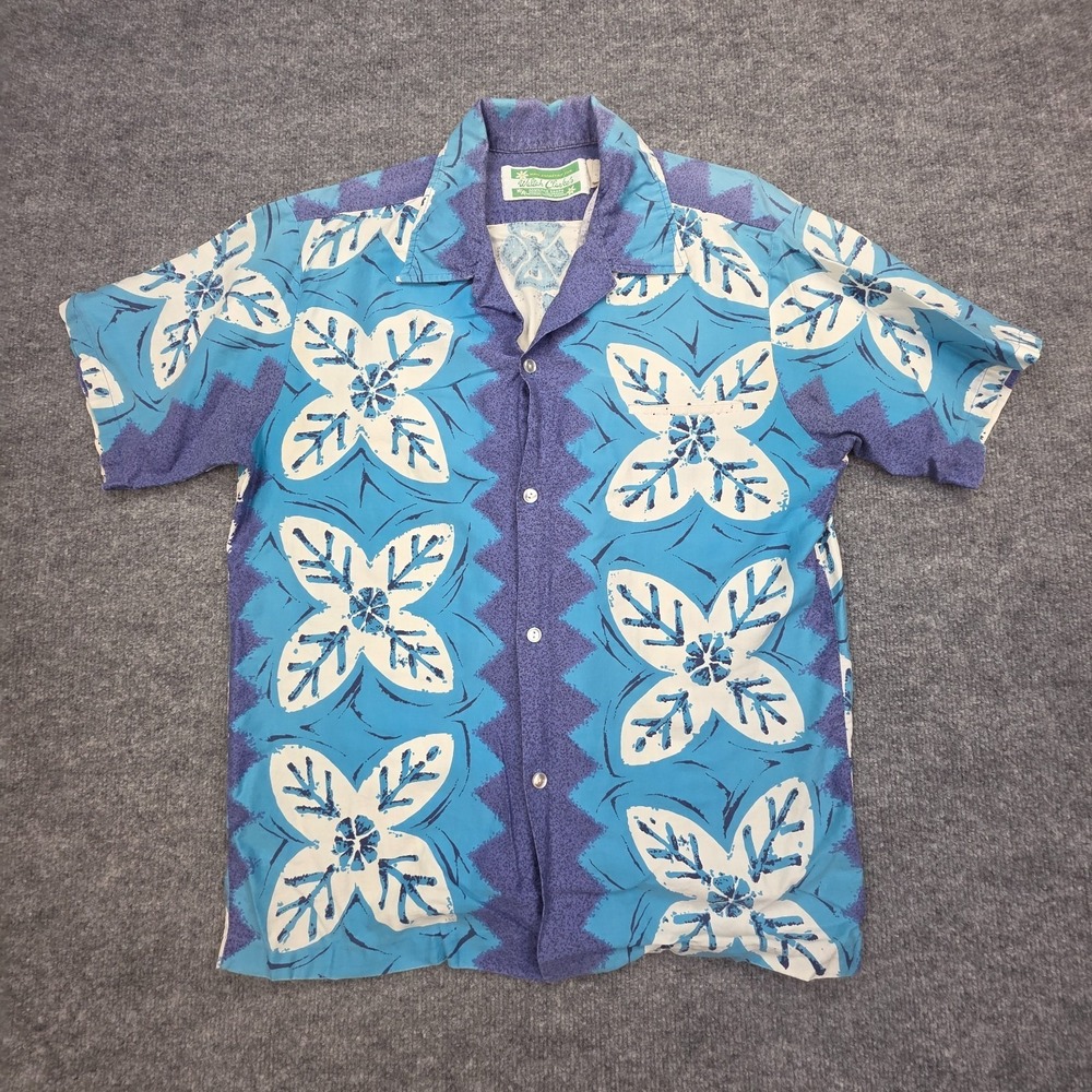 Vintage Waltah Clarke's Hawaiian Shirt Men's Large Blue Floral Geometric Cotton